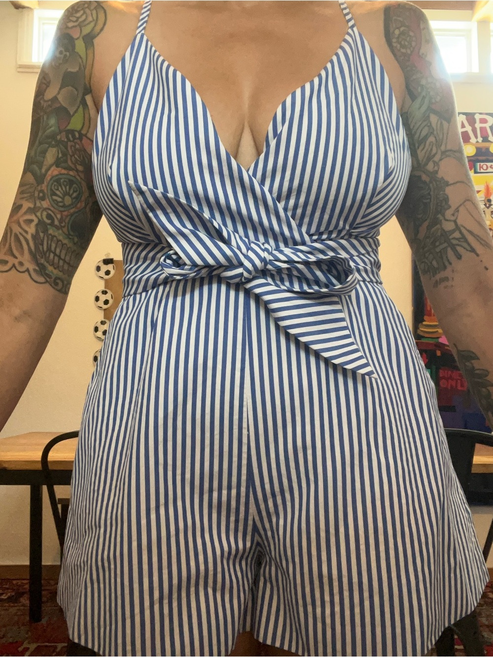Finders Keepers Blue & White Striped Wrap Romper with Waist Tie